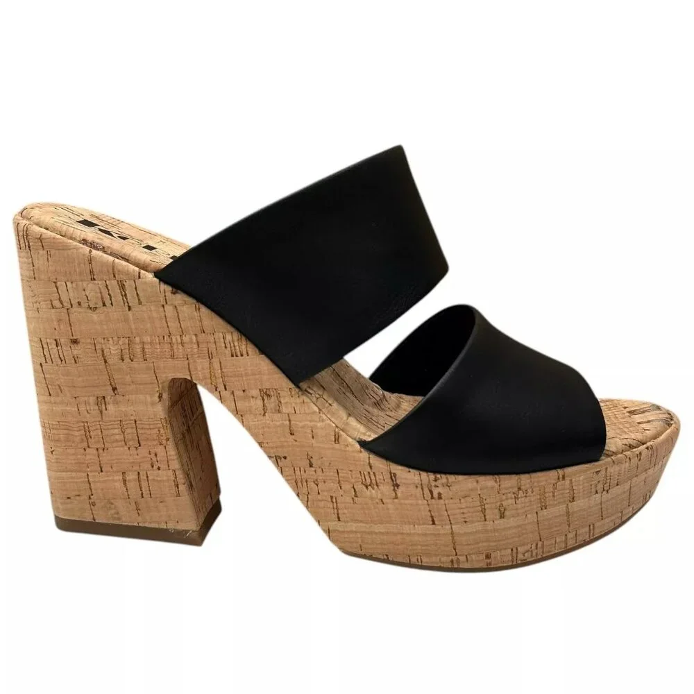 Korks Dezi Womens Cork Platform Sandal Size 9 Black/Tan Strappy Style Block Heel